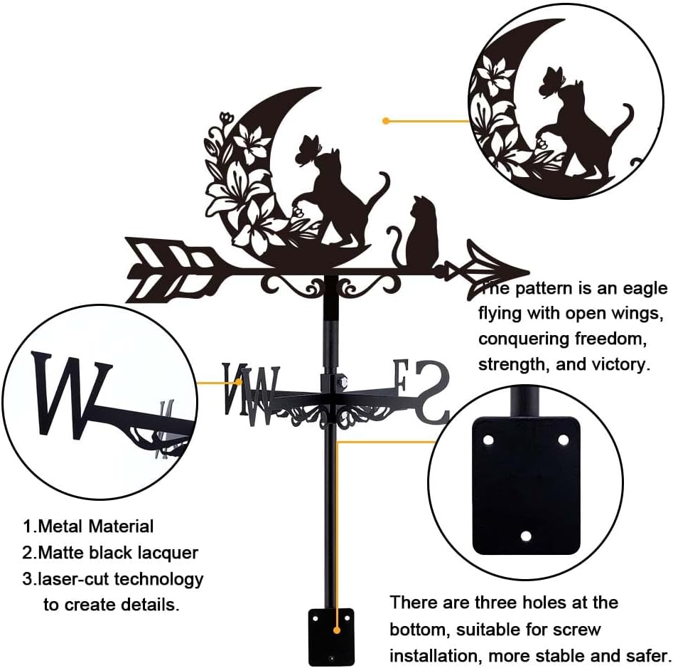 SUPERDANT Cat and Moon Weather Vane Cat Flowers Metal Weathervane Black Weathercock Garden Art Decor Roof Wind Vanes Decorative Wind Direction for Yard Farmhouse Sheds Patio Outdoor Decoration