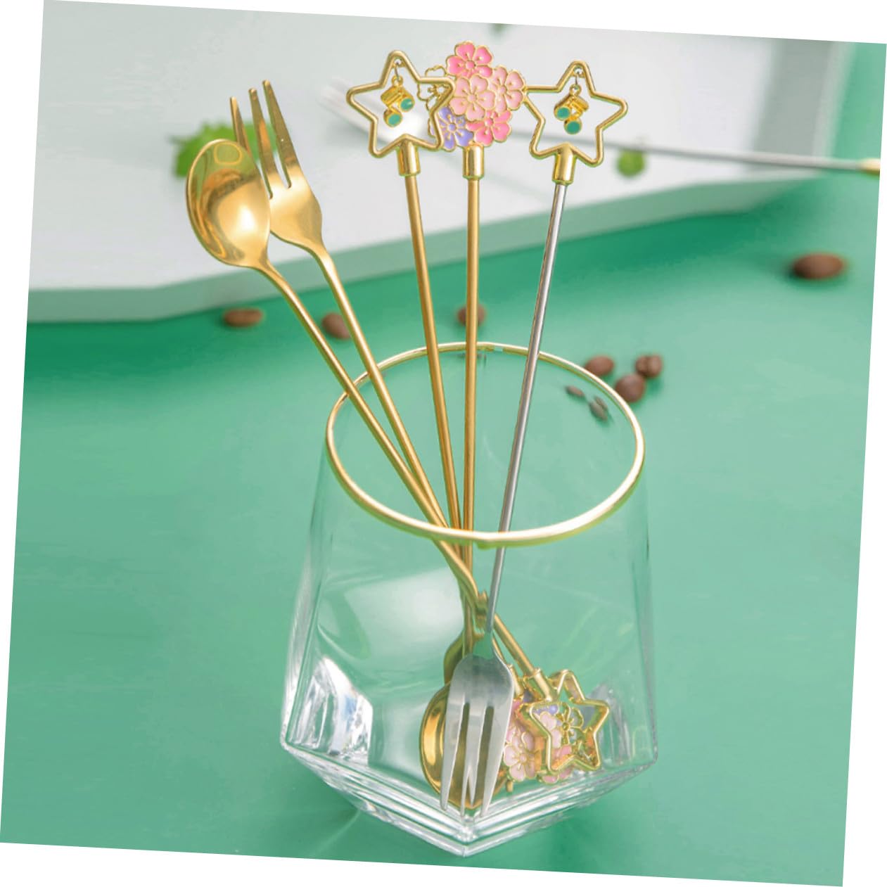 SHOWERORO 8 Piezas Cuchara De Flor De Cerezo Cucharas De Cafe Mini Tenedores Cuchara De Café Japonesa Cuchara Bistró Cucharas Para Cocteles Cuchara De Mesa Acero Inoxidable Golden