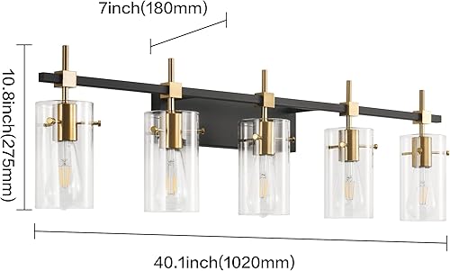 Miniatura 2 de SOLFART Lámparas de baño vintage de latón de 40.1 pulgadas, luces de pared para baño, espejo con pantalla de cristal, 5 luces