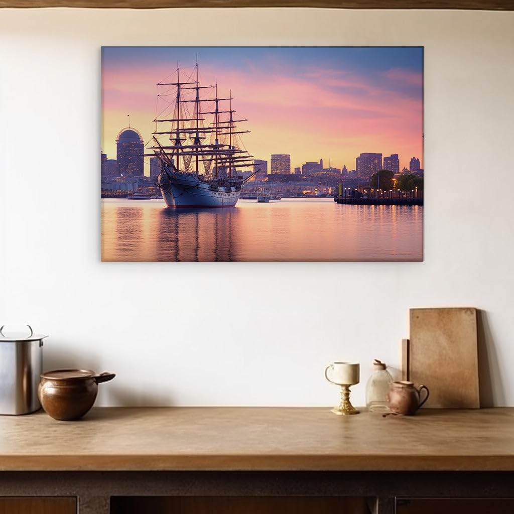 Canvas for Living room. Sailing into Twilight Reflections of a Serene Harbor Sunset, 27 x 18 inch Canvas Wall Art - Contemporary Masterpieces - Modern Home Decor