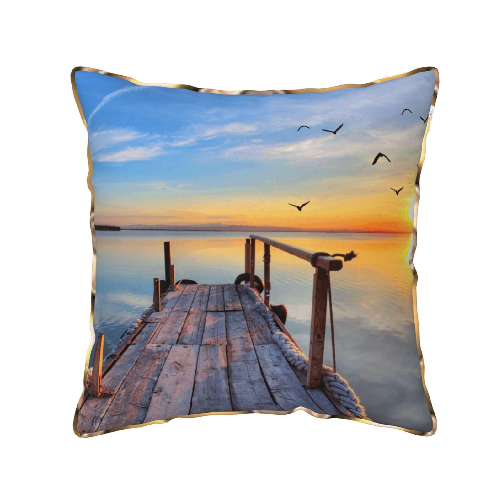 AUBKFELD Sunset scenery Printed Velvet Cushion Cover 40x40 CM with Gold Edging Strip, Square Pillowcase Soft Throw Pillow Covers Case Decorative for Living Room Sofa Couch Bed Bench