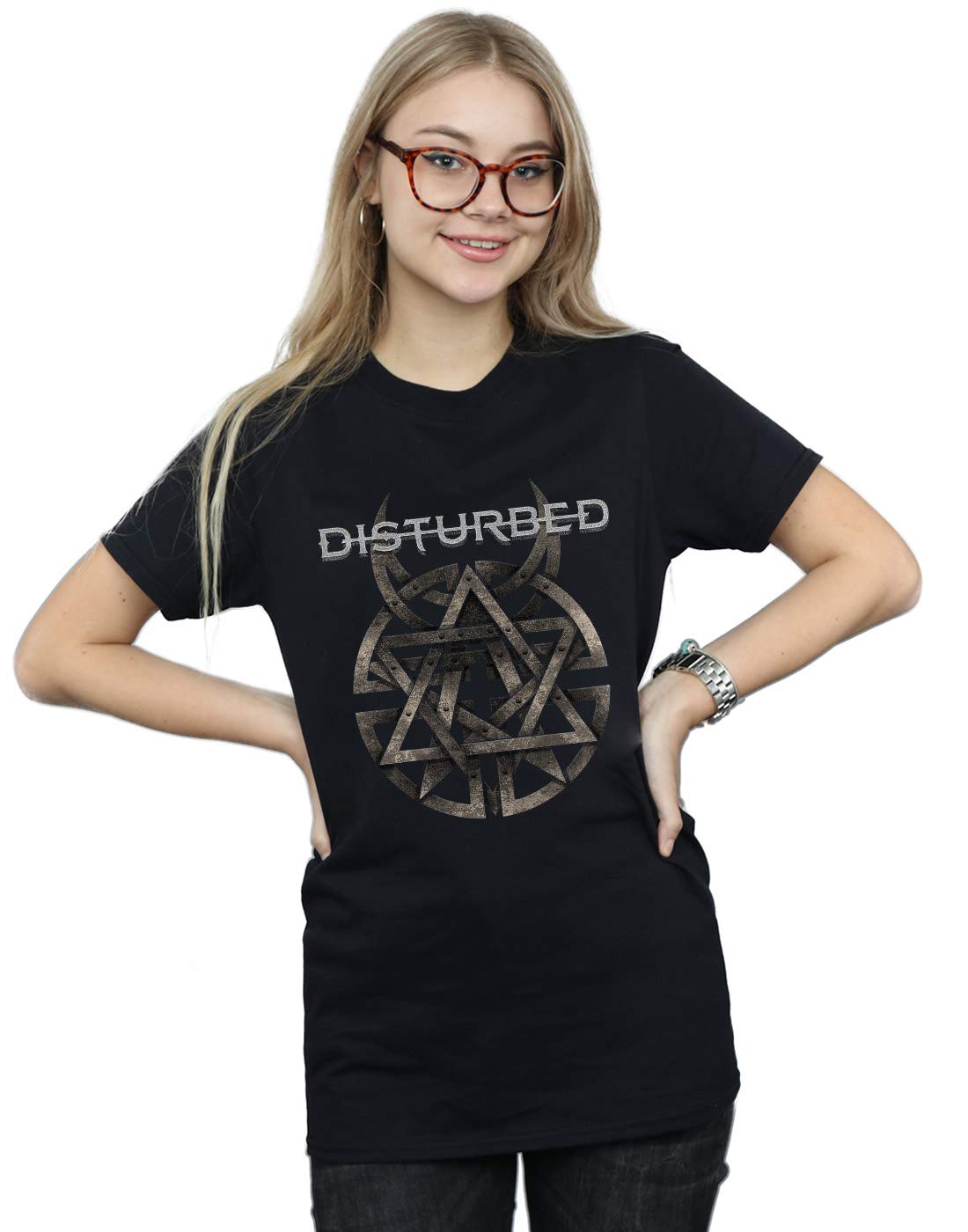 Absolute Cult Women's Black Disturbed Metal Logo Boyfriend Fit T-Shirt XXX-Large