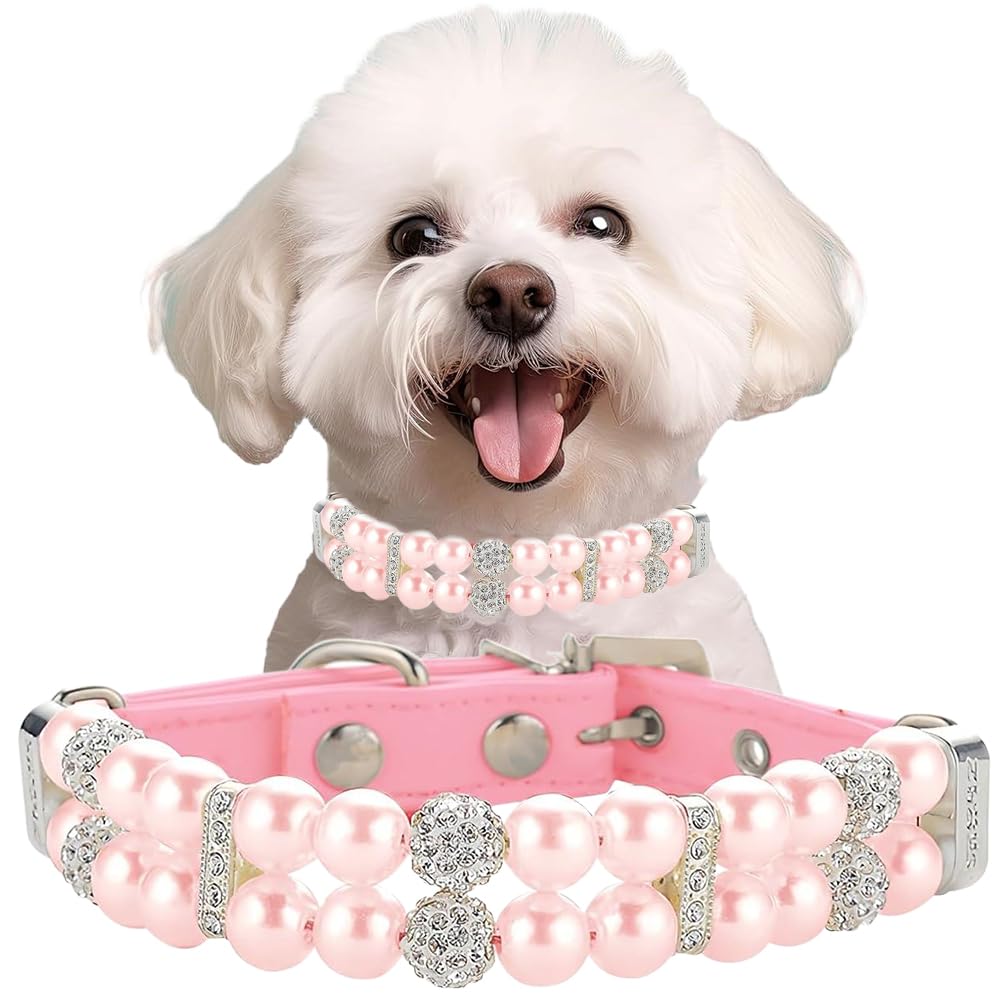 Pink Pearl Dog Collars for Small Dogs, Fancy Pearl Cat Collar Pu Leather Puppy Necklace with Crystal Rhinestone Diamond for Girl Kitten XXSmall Small