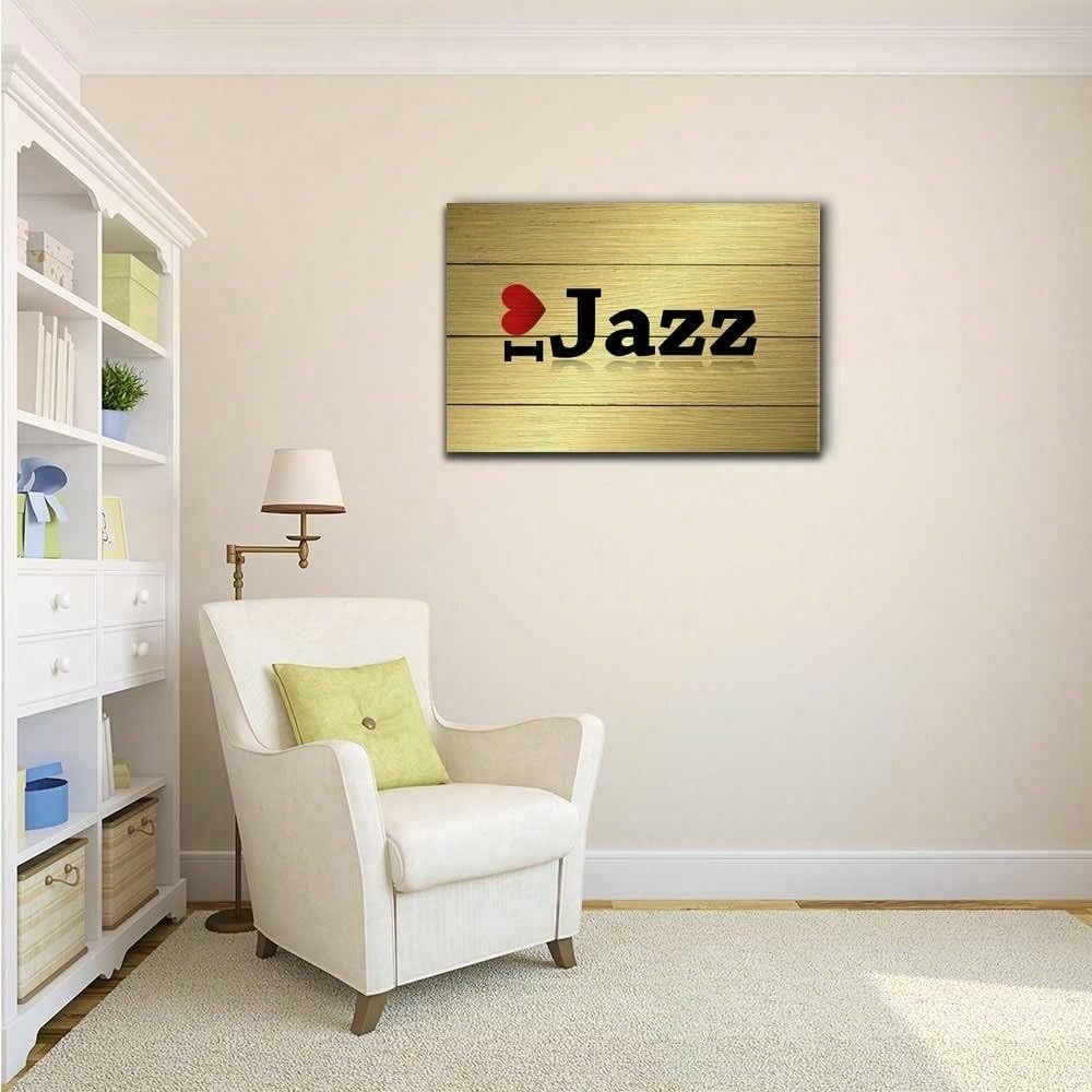 AIHNBF "Ich liebe Jazz - Stampa su tela artistica su sfondo con venature del legno, amante della musica moderna, decorazione da parete per soggiorno, camera da letto, ufficio, 60 x 90 cm