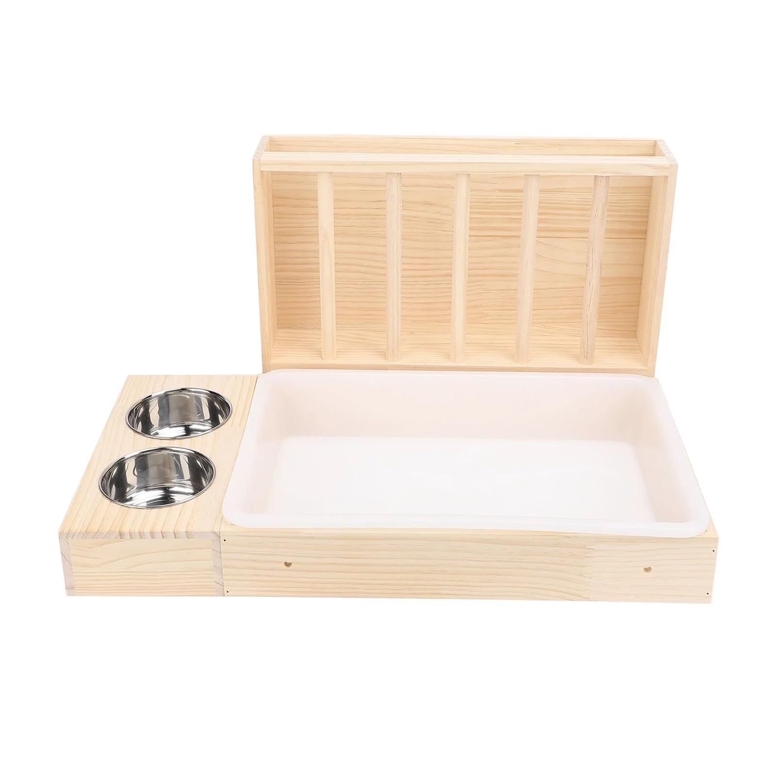 Distribuidor automático de heno para Conejos Comedero de heno for Conejos con Caja Arena, 2 Cuencos Acero Inoxidable, Pesebre alimentación Madera a Prueba Suciedad for Animales pequeños hámster