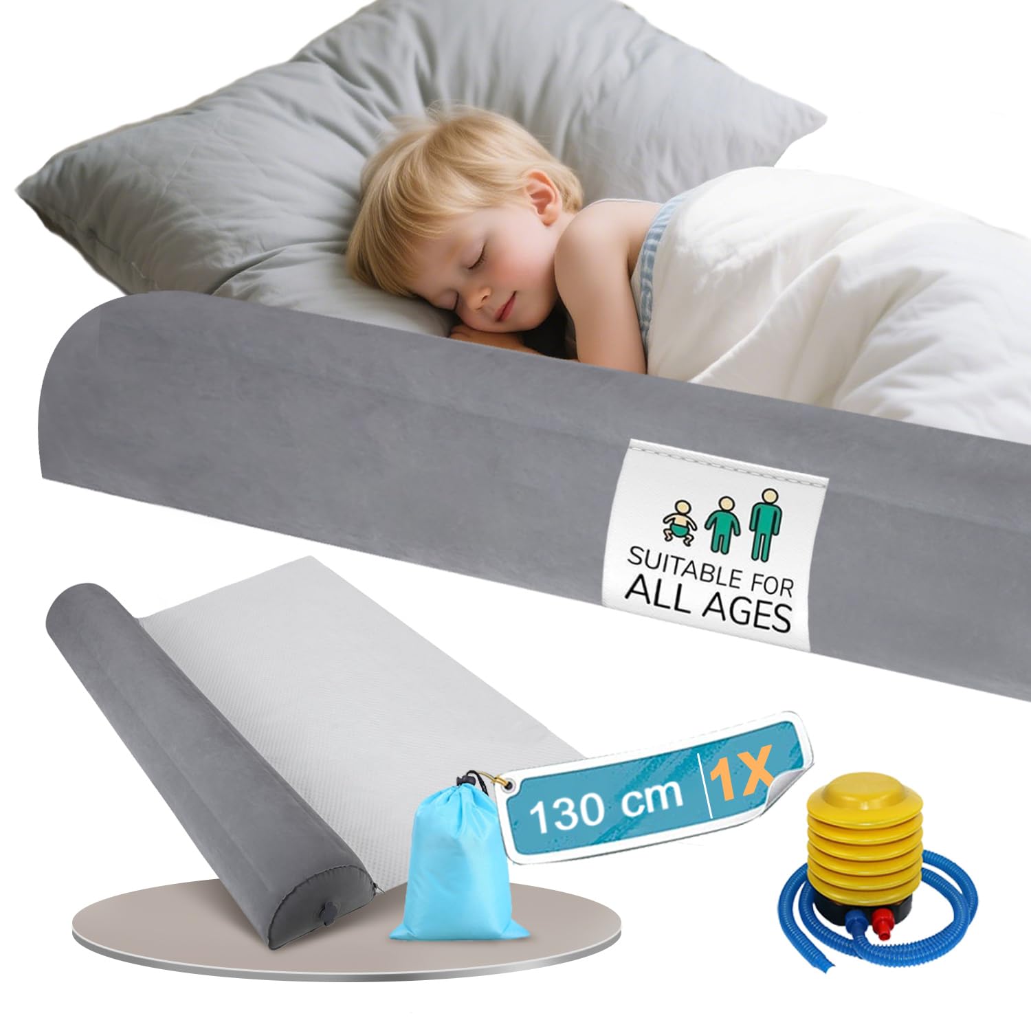 Copertura gonfiabile per letto da viaggio, 130 cm, portatile, gonfiaggio veloce, protezione antiscivolo, paracolpi per culle e letti dei genitori, culla per bambini da 6 mesi a 5 anni