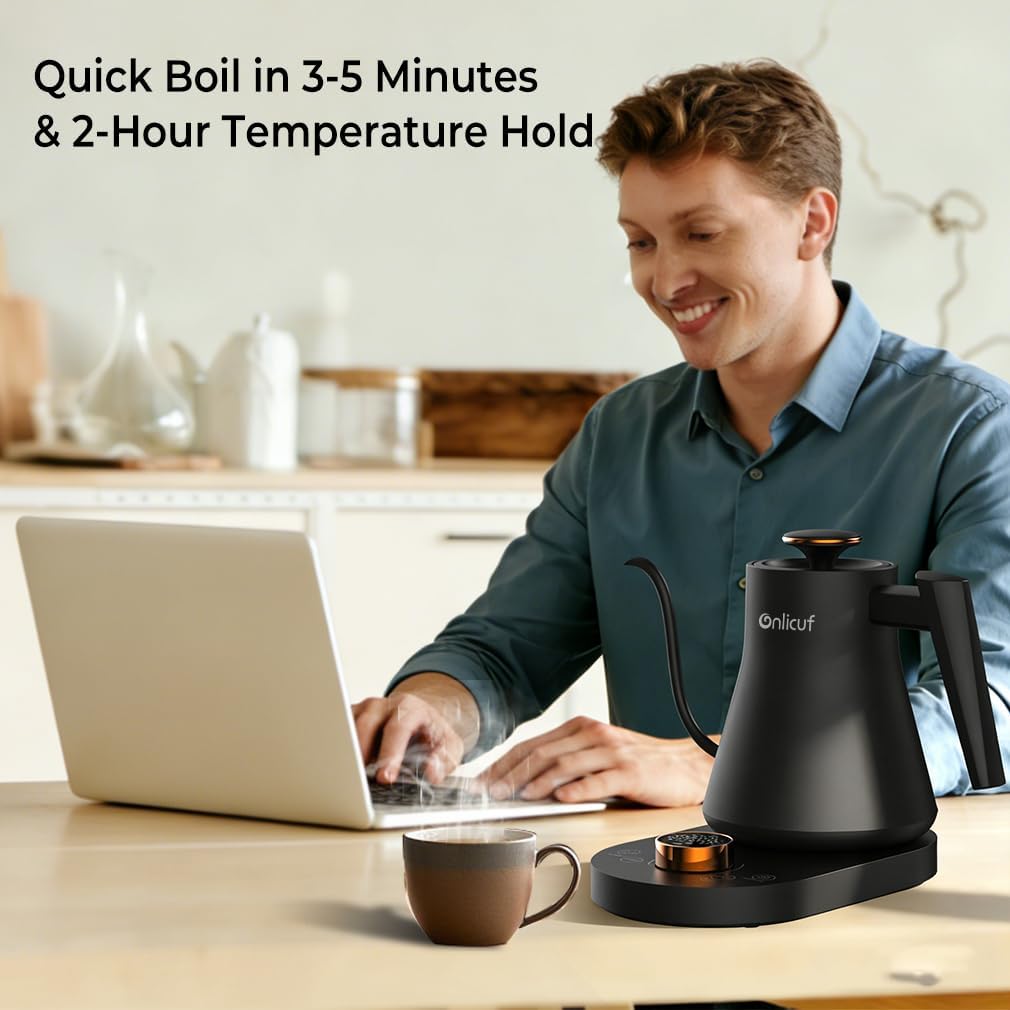 Electric Gooseneck Kettle with Temperature Control, 0.8L Pour Over Coffee, ±1°F Precision Heating, 7 Presets, Stainless Steel Inner, Electric Tea Kettle with 2H Keep Warm, Matte Black
