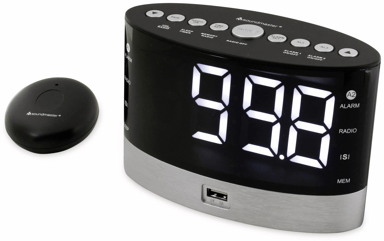 Soundmaster UR580SW UKW Radiowecker Hörgeschädigte Schwerhörigkeit Gehörlose Taubheit Tiefschläfer schnurloses Vibrationskissen Bettschüttler Batterie Backup Jumbo Display LED USB Ladebuchse