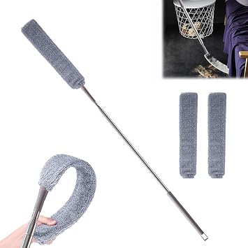 Emcgicc Retractable Gap Dust Cleaner, Microfiber Hand Duster, Under Fridge & Appliance Duster, Telescopic Dust Brush for Wet and Dry, Cleaning Tools for Home Bedroom Kitchen 55.2in, Grey