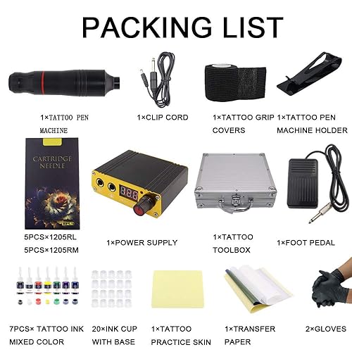 Miniatura 2 de Kit de máquina de bolígrafo de tatuaje, kit de tatuaje giratorio, 10 piezas, agujas de cartucho, 7 tintas de color, fuente de alimentación para