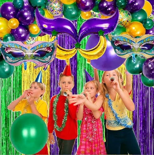 116 Pcs Mardi Gras Decorations - 2Pack Mardi Gras Tinsel Foil Fringe Curtains with Big Aluminum Mask Balloons Green Purple Yellow Mardi Gras Balloons for Mardi Gras Party Carnival Decoration by MAFENT - Image 7