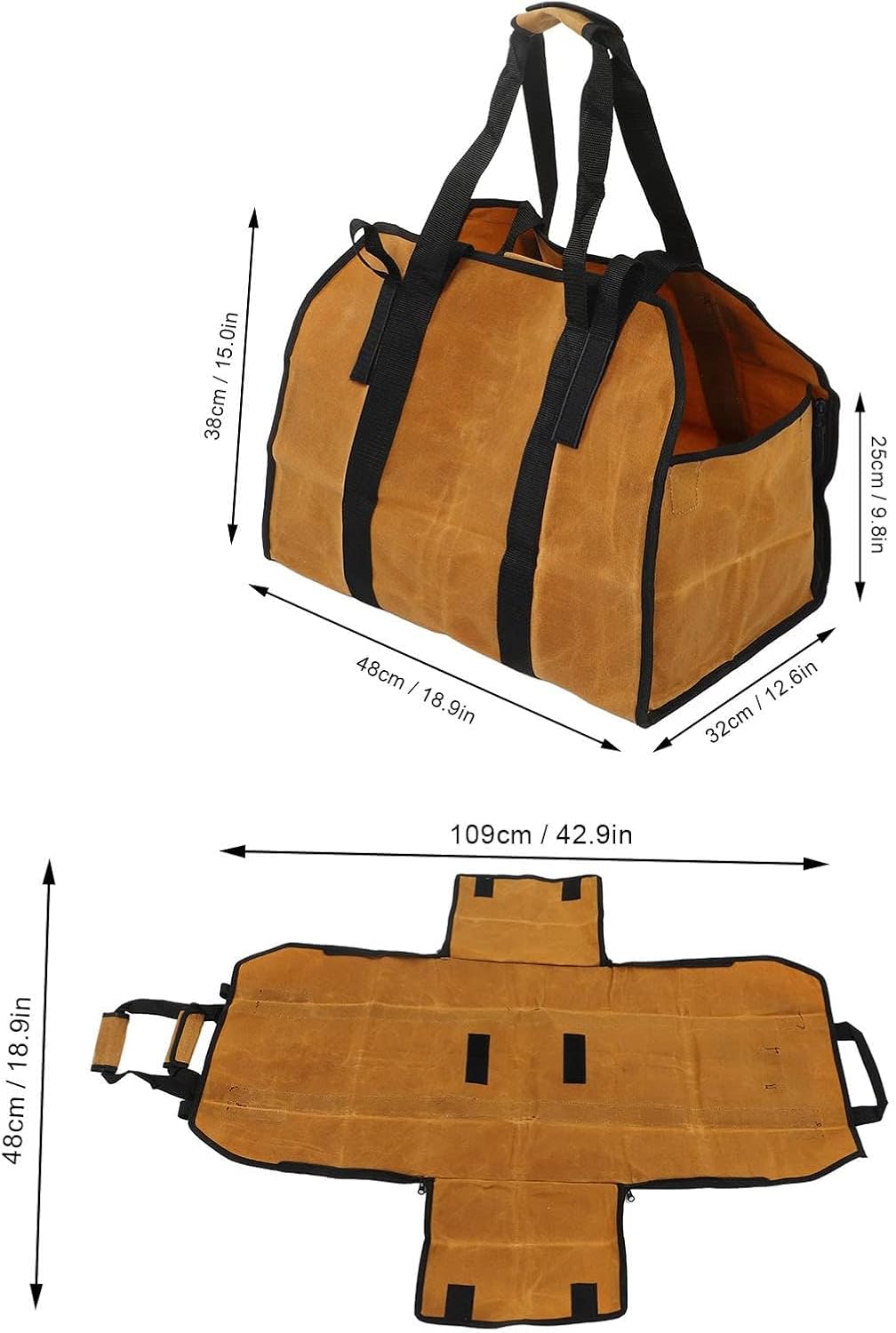 Firewood Carrier, Wet Wax Canvas Dual Use Log Carrier, Waterproof Wood Carrier Tote Bag, Fireplace Stove Accessories, for Outdoor Indoor Use