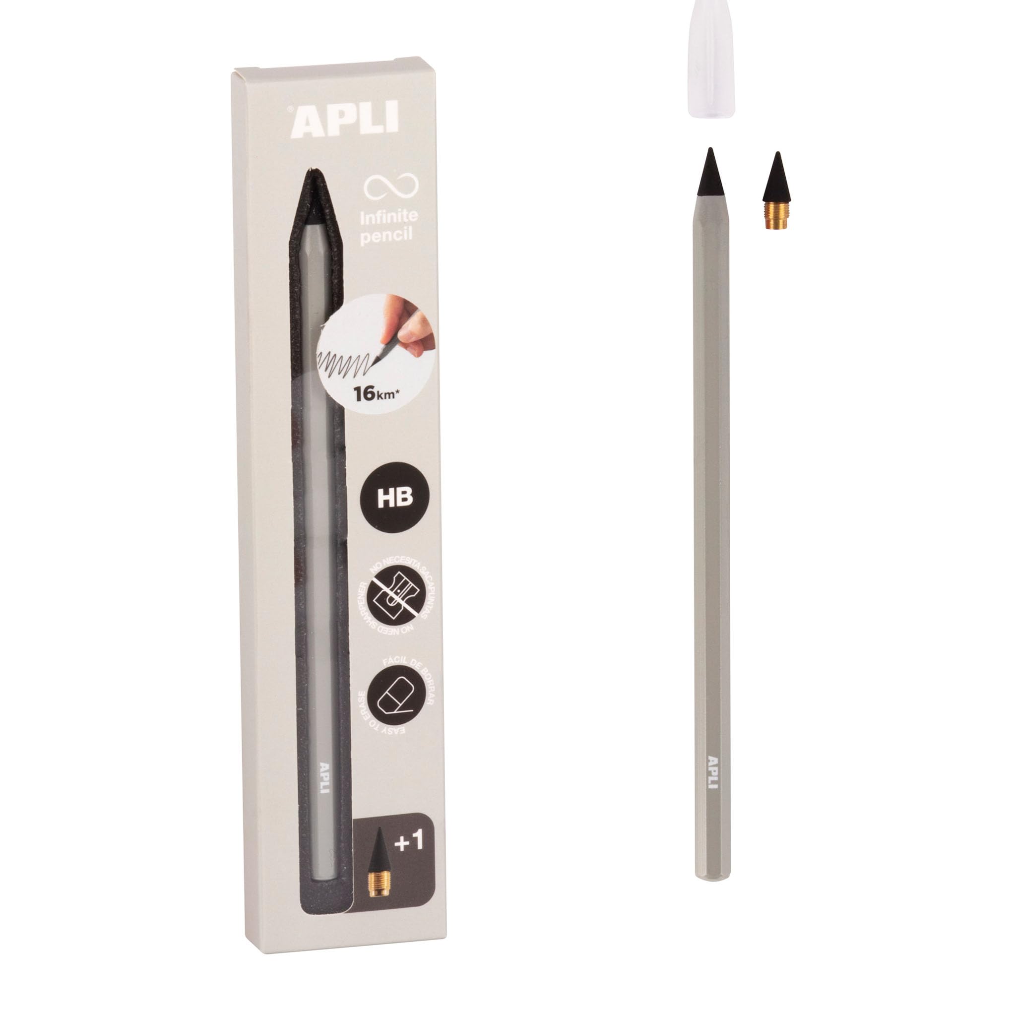APLI 19802 - Lápiz infinito con cuerpo gris, lápiz eterno sin tinta con mina de recambio