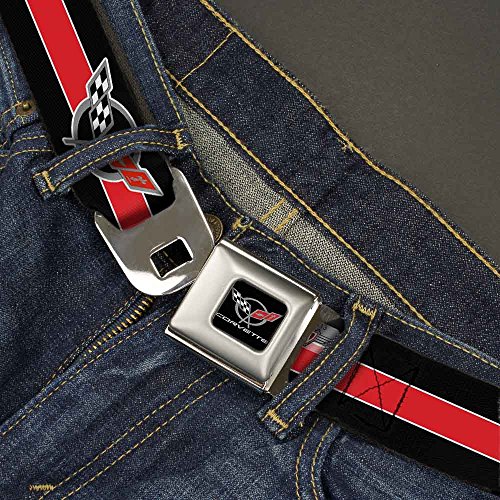 Image of Buckle-Down Seatbelt Belt - CORVETTE C5 Logo /Stripe Black /White /Red /Gray Repeat - 1.0 inch Wide - 20-36 Inches in Length