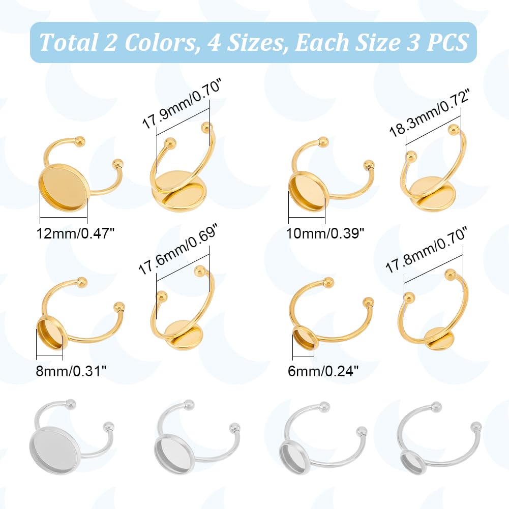 UNICRAFTALE 24Pcs 2 Colors 4 Sizes Blank Rings Base Finger Rings 6-12mm Stainless Steel Pad Ring Base Flat Round Blank Ring Settings Base Cabochon Base Bezel Tray for Jewelry Making Supplies - Image 3
