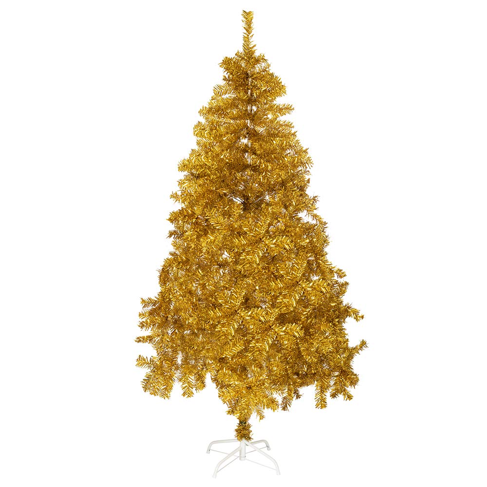 Bravich 150 CM / 5 Ft Gold Christmas Tree With 500 Tips & Base Stand. Large Thick Tinsel PVC Artificial Tree For Indoor Xmas Home Decorations. Easy Fold Pine Branches & Light For Storage.