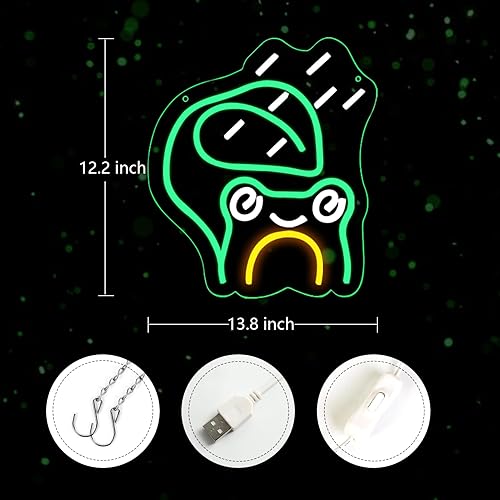 Miniatura 3 de Letrero de neón de rana con hojas de día lluvioso (verde), divertido letrero de neón con forma de gota de lluvia, decoración de pared con