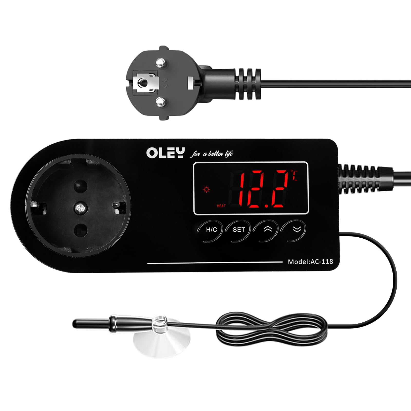 BORDEAG Thermostat Steckdose Mit Fühler, 10A/250V Thermostat Hygrostat Steckdose Digital, Digital Zeitschaltuhr Temperaturregler Steckdose, Reptilien Heizung Tag Nacht Für Gewächshaus, Aquarium