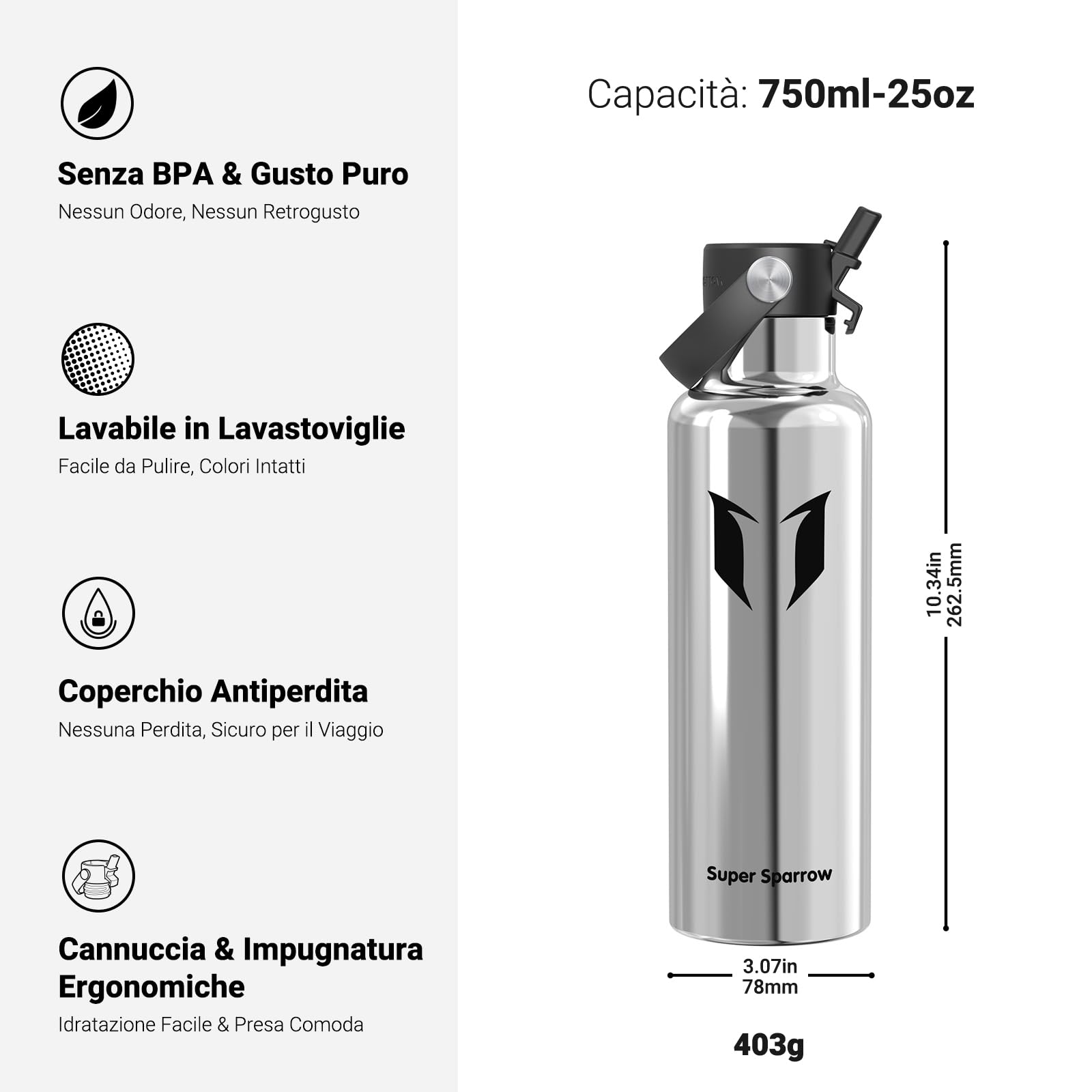 Super Sparrow Borraccia Termica, Acciaio Inox Bottiglia Termica - 350ml, 500ml, 750ml, 1L, 1.2L - Senza BPA Borracce, Borraccia Bambini per Scuola, Sport, Campeggio, Yoga, Palestra, Ciclismo