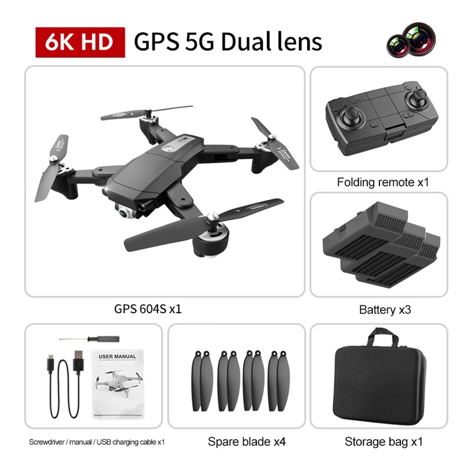 S604 PRO 6K Drone GPS 5G Wifi 4K Podwójna kamera o wysokiej rozdzielczości Bezszczotkowy silnik FPV Profesjonalne drony do fotografii lotniczej (Kolor: 6K 3B BAG)