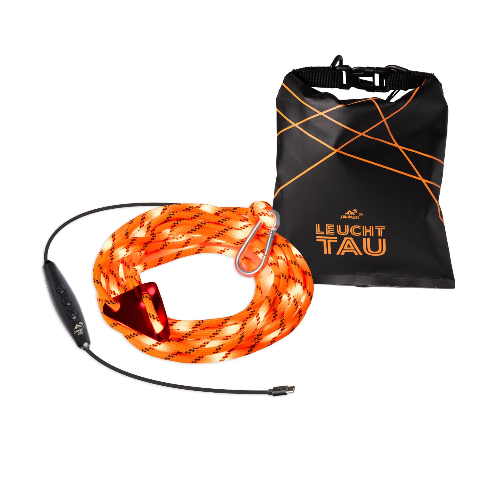 Sunnyside® - LEUCHTTAU AFTERGLOW – 2x 3,5m LED Abspannseil orange-rot + 2,5m Verlängerung, bis 150kg, 90% weniger Insekten, USB-C, dimmbar – Markise Camping Wohnmobil