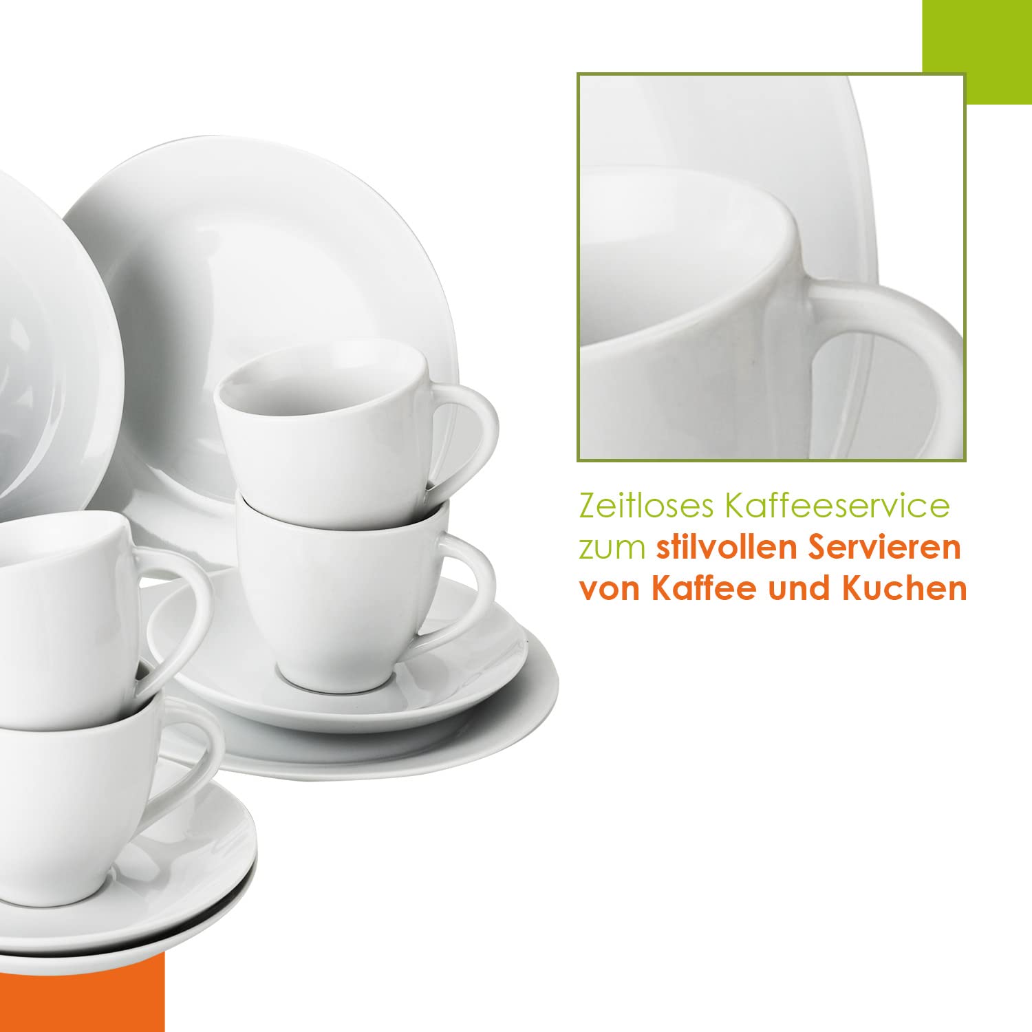 Level One | Kaffeeservice aus Porzellan | 18-teiliges Geschirrset für 6 Personen | Zeitloses, klassisches Design | Porzellan in Weiß | Kaffeetassen, Untertassen & Dessertteller
