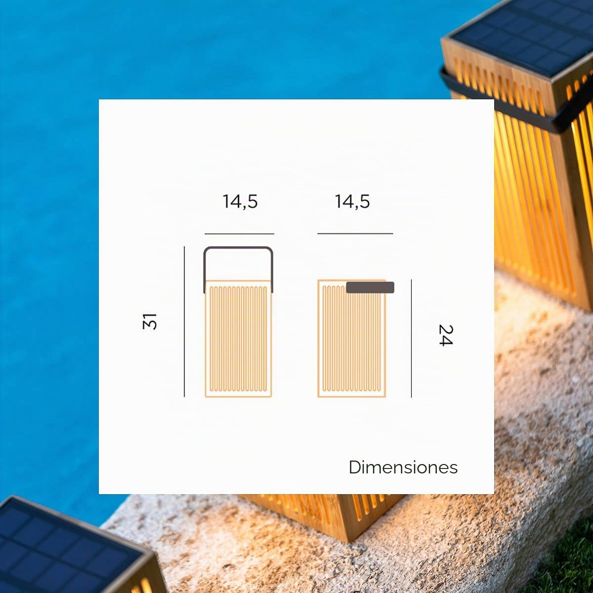 Moovere Lámpara Farol de mesa portátil con asa LED OKINAWA Solar y Batería Recargable con mando para exterior e interior Fibra de Bambú