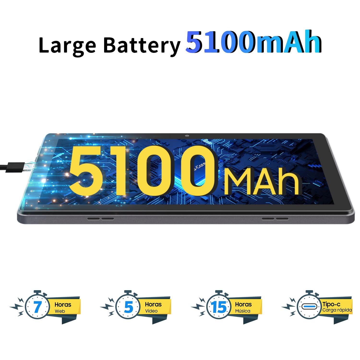 Tablet 10 Pouces Android, Octa-Core, 5100mAh, Caméra Double, Tablet for Kids Dual Speakers, Bluetooth, WiFi, GPS, Noir