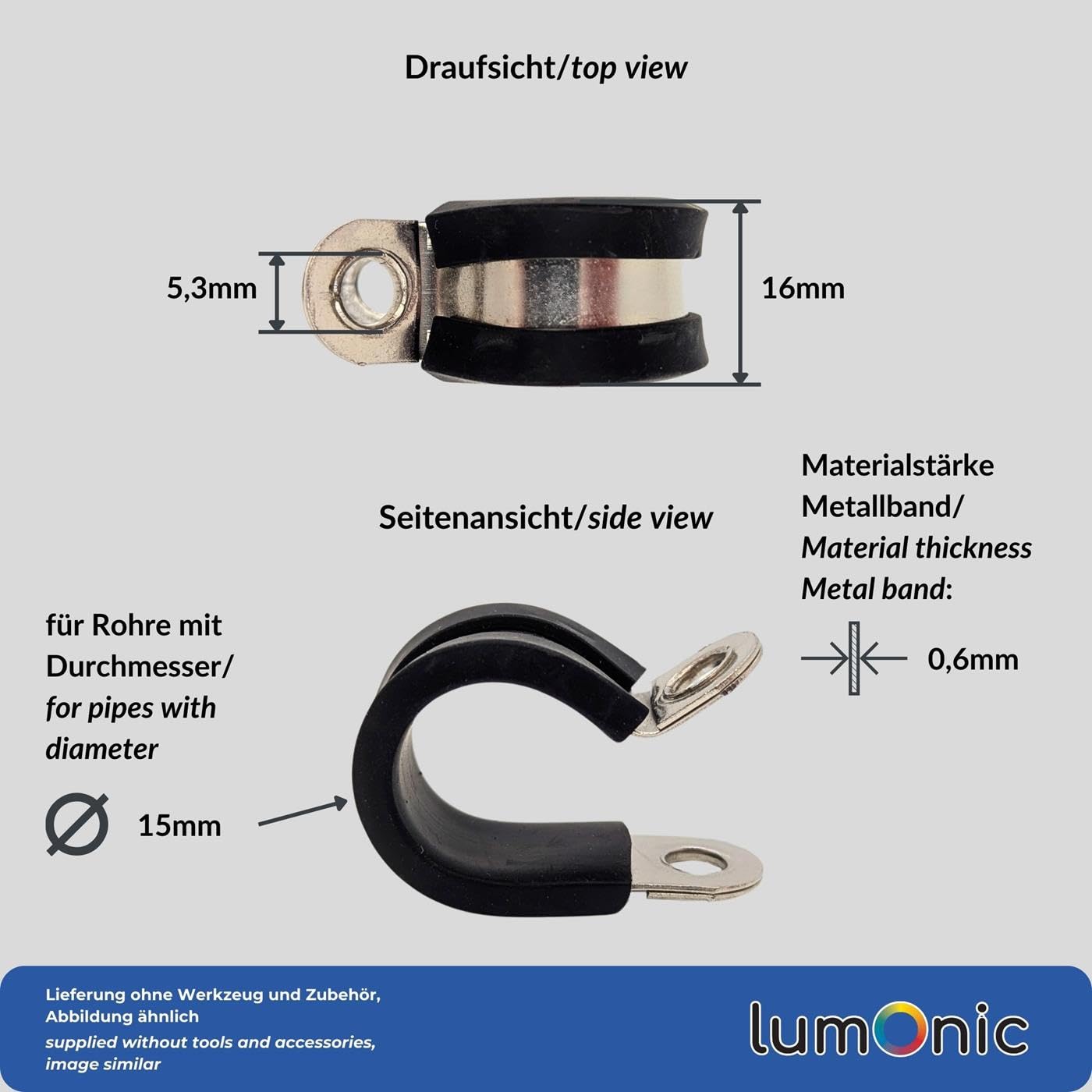 Lumonic 5x abrazaderas de tubo 15mm con inserto de goma acero inoxidable V2A I abrazaderas de cable para atornillar I abrazadera de manguera 15mm, abr