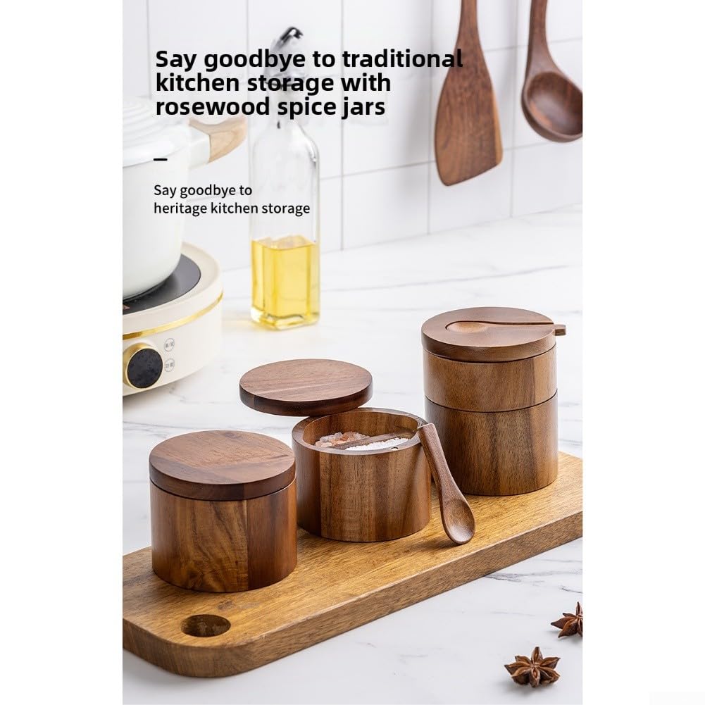 Salière en bois d'acacia avec couvercle rotatif, boîtier de cuillère et dimensions intérieures optimisées pour le débit (marron)