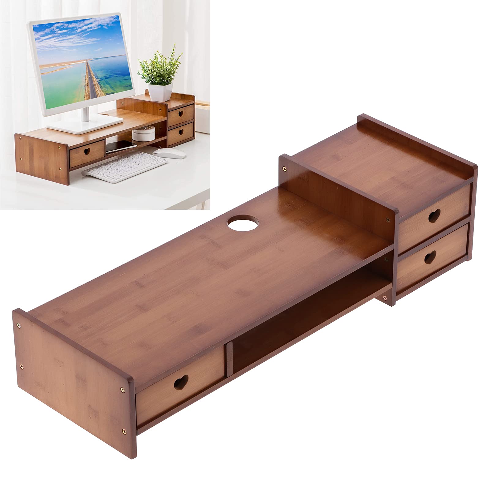 Cocoarm Supporto per Monitor in bambù Rialzo con 3 Cassetti Supporto per Monitor 69 X 23 X 17 Cm per Casa e Ufficio Alza l'altezza dello Schermo Aggiunge Spazio di Archiviazione Supporta Stampante