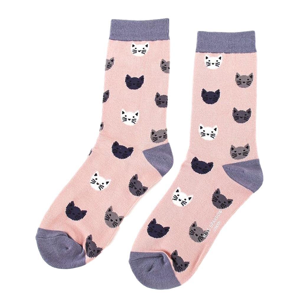 Miss Sparrow Kitty Cat Faces Dusky Pink Womens Novelty Ankle Socks Adult One Size