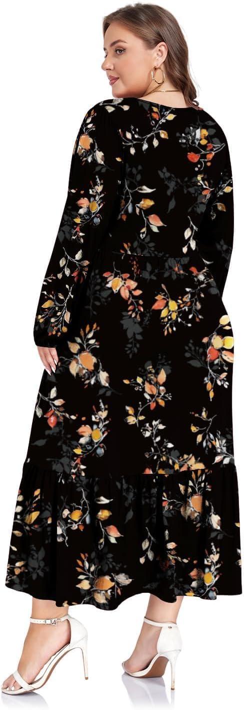 Moon Wood Women's Plus Size Maxi Dress Empire Waist Crew Neck Long Sleeve Dress with Pockets, Long Casual Dreses Daily Wear - Image 2