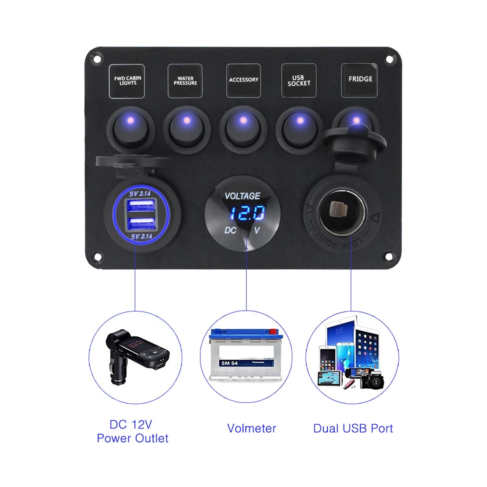 INEOUT Barca marina for auto da 5 Gang 12V GUIDATO Voltmetro digitale del circuito impermeabile del pannello dell'interruttore del rocker Dual USB Adattatori for caricabatterie da auto portuali (Colo