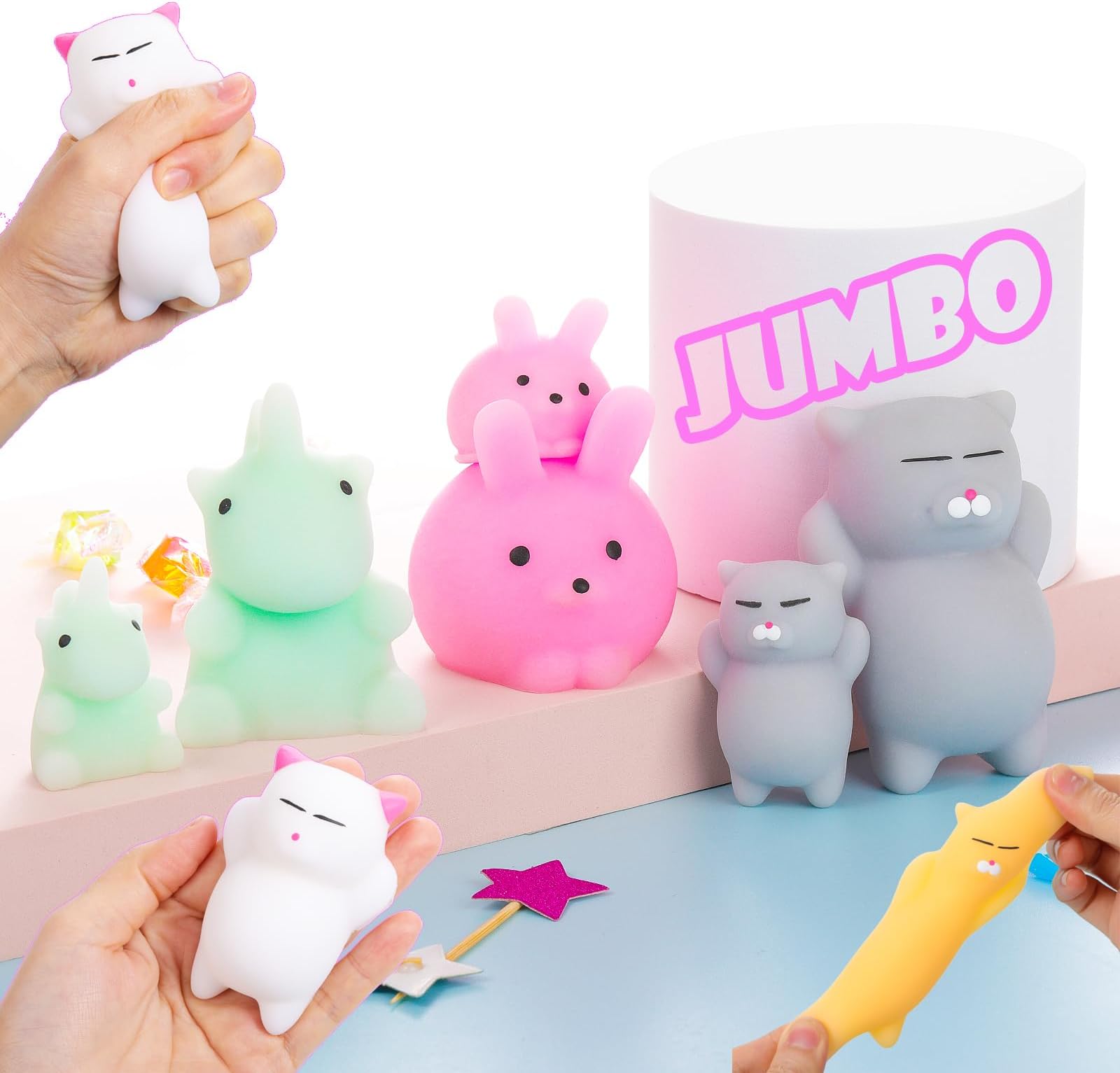 Squishies Squishy Toys 6Pcs Plus & Mini, Party Favors for Kids Mochi Squishy Toy, Mini Kawaii Fidget Toys, Stress Relief Anxiety Toys Party Favors, Classroom Prizes, Valentines, Sock Stuffers