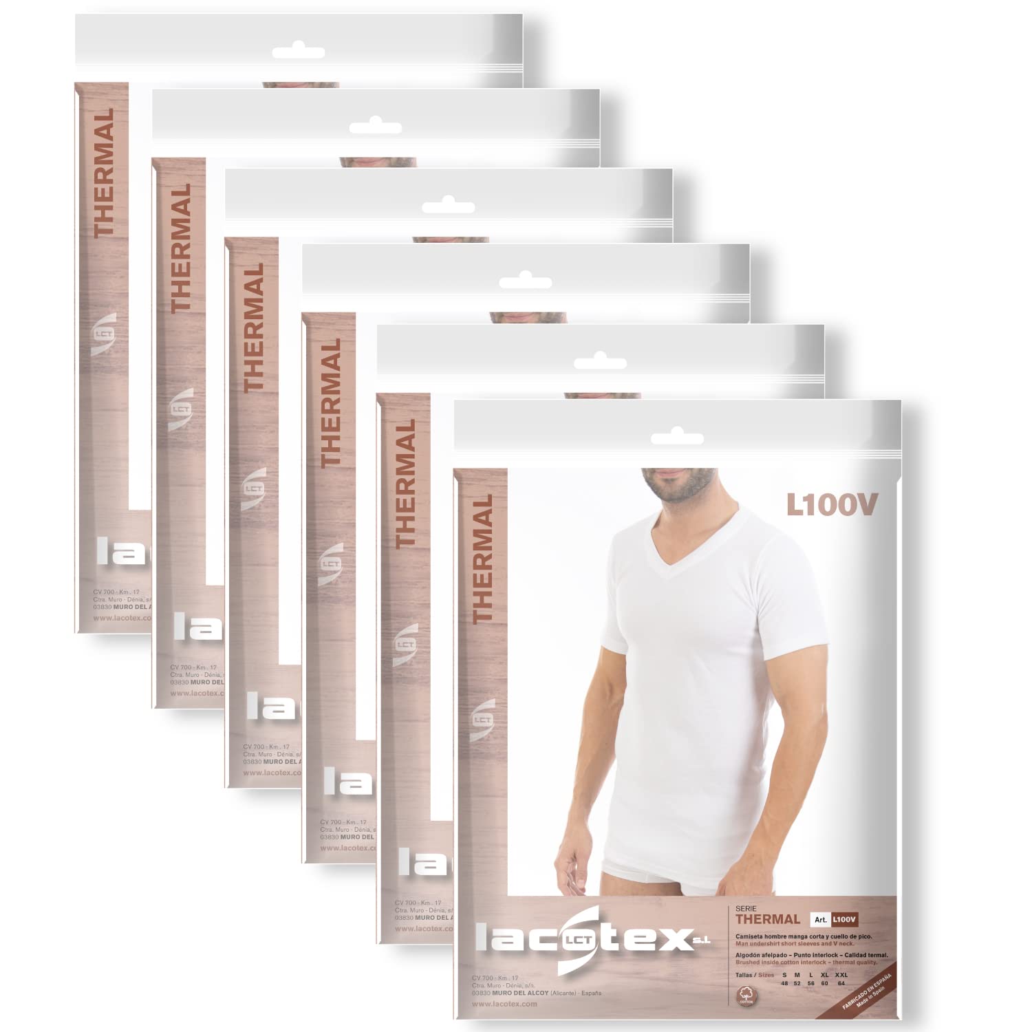 Lacotex Camiseta Interior Termal de Hombre | Camiseta Manga Corta y Cuello Pico Térmica | Confort y Protección Térmica Interior | Pack Ahorro 6 Unidades | L100V
