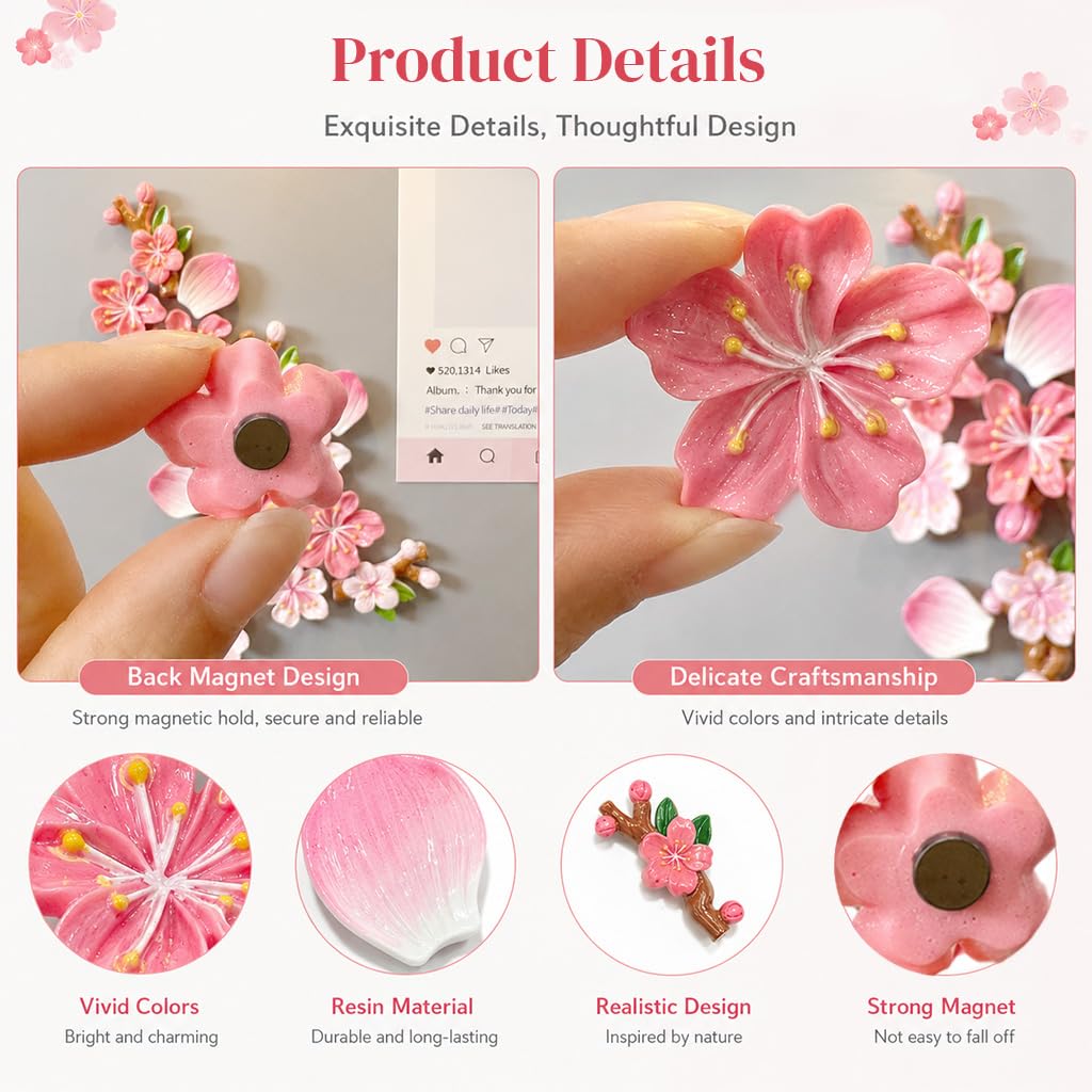 Pink Peach Blossom Fridge Magnets - Floral Decor -3