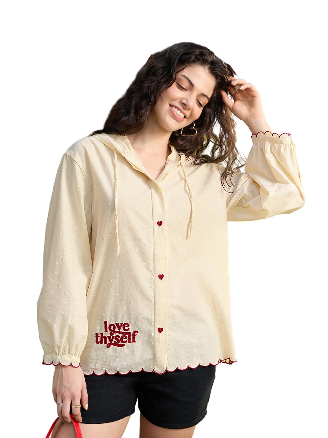 The Souled Store Hooded Shirt: Love Thyself Women and Girls Full Length Sleeves Hooded Neck Off White Embroidered Cotton Oversized Fit Breathable Lightweight Everyday Shirt-picture-36