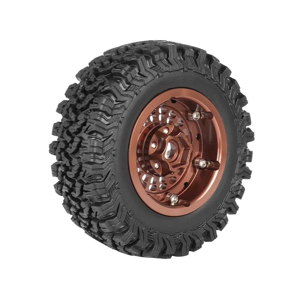 KINGCOO 4PCS 1,9" Beadlock Räder Felgennabe Offset-10mm Aluminium Metall und 90MM Gummireife für 1/10 RC Rock Crawler Auto für Axial SCX10 TRX4 TRX6 D90 TF2 MN UTB18 Upgrade Zubehör (Bronze)