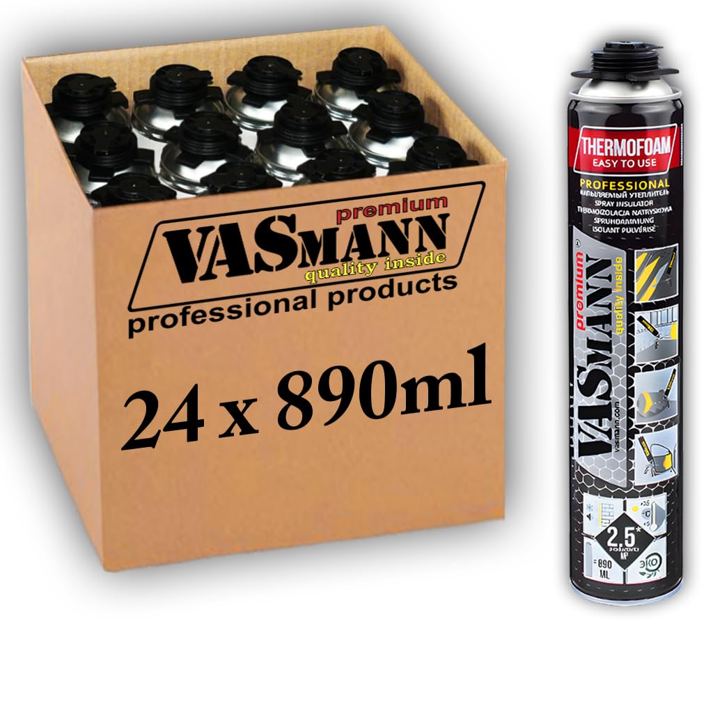 Isolamento spray in poliuretano, 24 x 890 ml, isolamento termico efficace per tetto, scantinati e pareti, alternativa versatile ai pannelli isolanti EPS / XPS (60 m2, 24)
