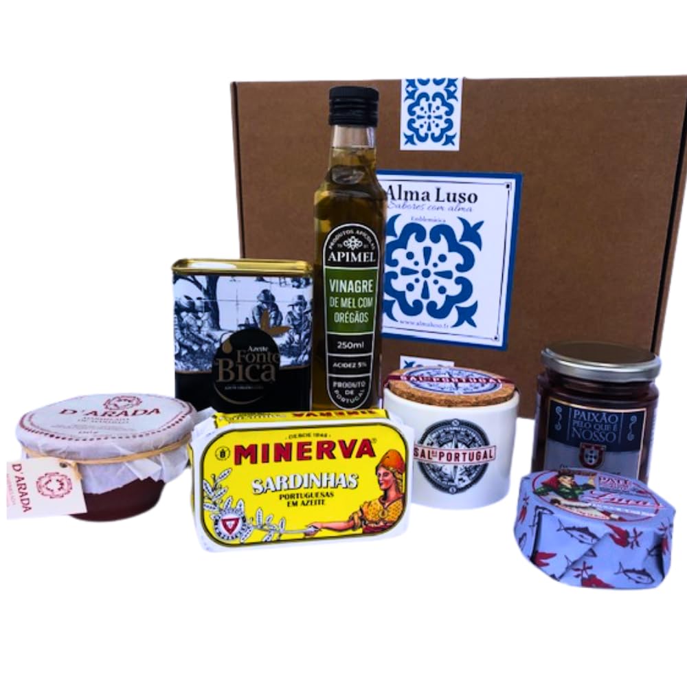 Box Emblemática – coffret gastronomique portugais : huile d’olive, vinaigre à l'origan, sardines, sel en pot de céramique, tartinade de thon, olives, marmelade – Produits d'épicerie fine – Idée cadeau