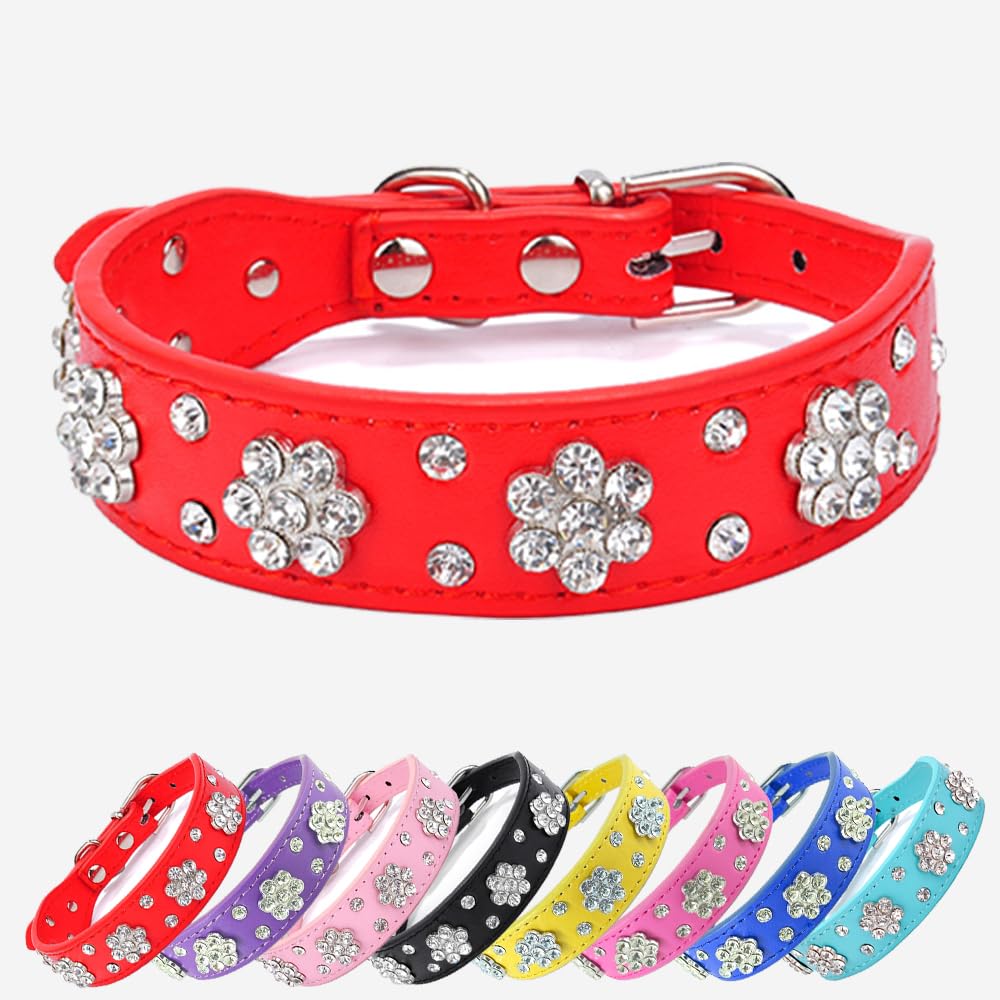 Strass Hundehalsband Mit Blume – Verstellbar, Aus PU-Leder, In Rosa, Rot, Schwarz, Blau (Größe S/M/L)