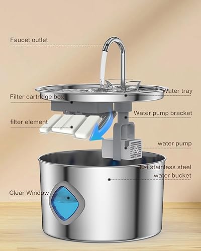 Miniatura 4 de Pawdrate - Fuente de agua para perros, fuente de agua filtrada súper silenciosa, cuenco de acero inoxidable para mascotas de 3.2 l108 onzas, con