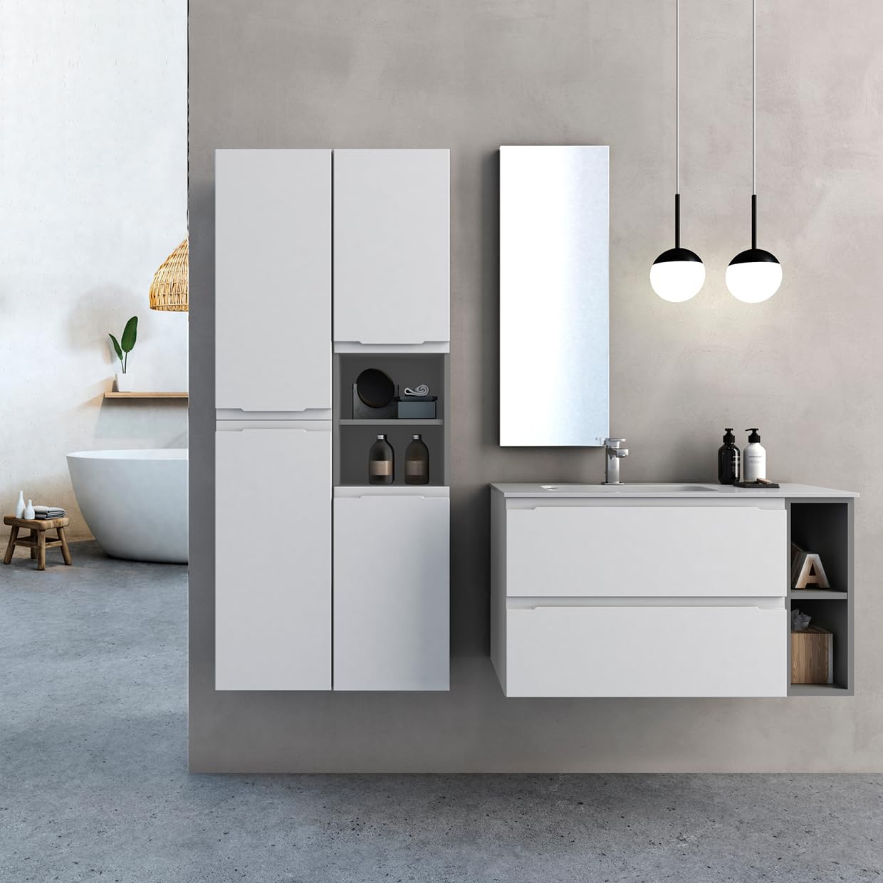 Diventa Modello Diva Star, Mobile Bagno sospeso 100cm con 2 cassetti spaziosi, 2 vani a giorno e lavabo dal design moderno, colore bianco e grigio