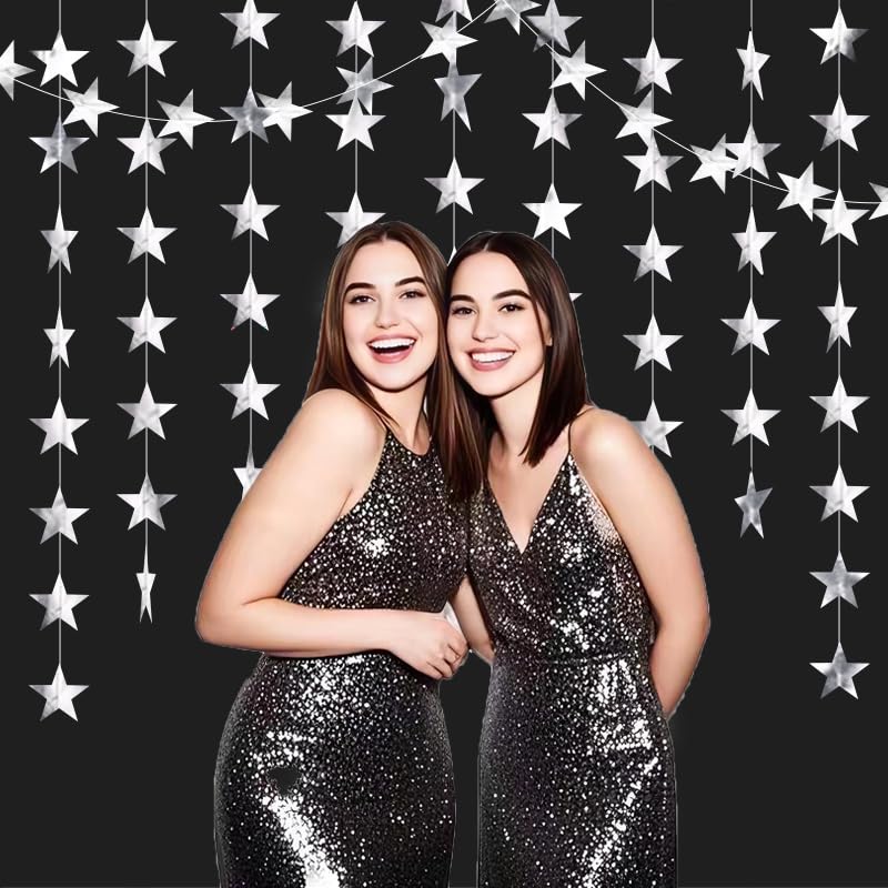 Image of Silver Shining Star Hanging Garland Silver Hanging Sparkling Star Streamer Glitter Bunting Banner Twinkle Backdrop for Wedding Baby Shower Birthday Christmas Decorations 40 Feet