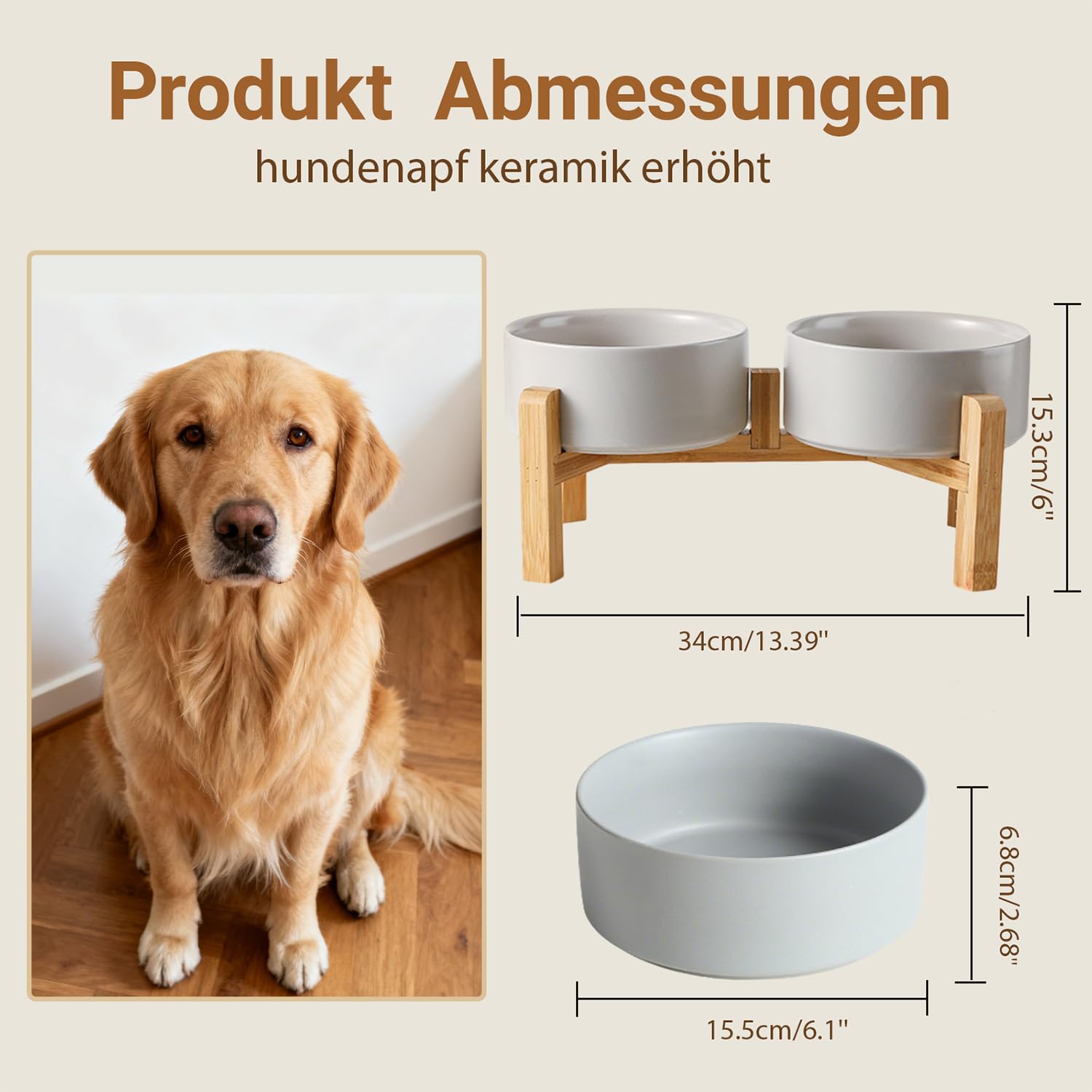 2 x 850ml Hundenapf Erhöht, Hundenapf Keramik mit 15,5 cm Ständer,Futternapf Hund Erhöht für Kleine Bis Mittlere Hunde,Doppelt Fressnapf Hund,Hunde Napfset für Futter und Wasser (Weiß)