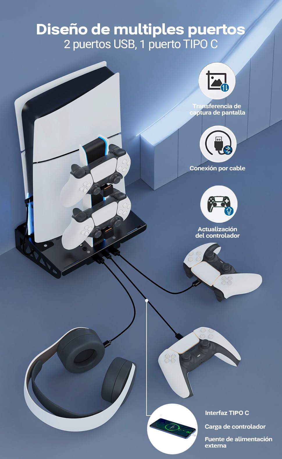 Soporte de pared Playstation 5 PS5 Slim y VR2 con RGB ,Ventilador Refrigerador, Soporte y Carga de 2 Mandos PS5, Soporte Auriculares, Accesorios PS5 Digital y de Disco (Soporte de Pared RGB)