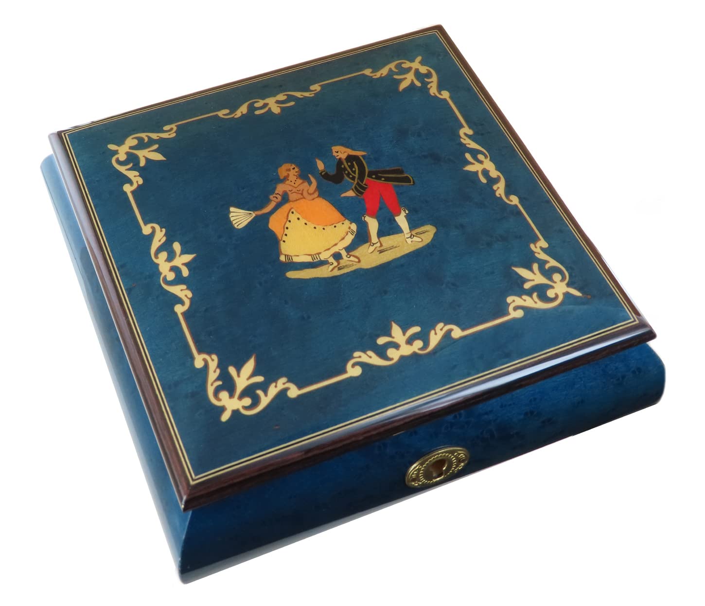 Caja de música para joyas / joyero musical de madera teñida de azul con marquetería bailarines y mecanismo musical de resorte de 18 notas - Over the rainbow - El mago de Oz (Harold Arlen)