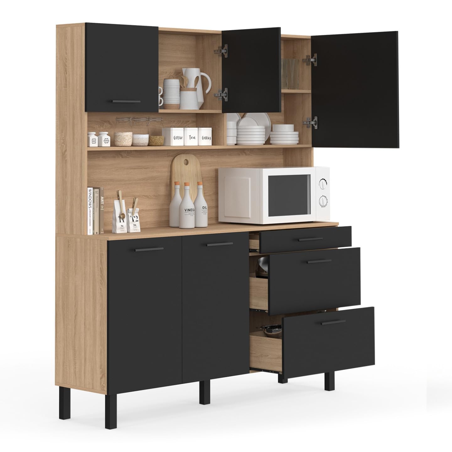 IDMarket - Buffet casserolier de Cuisine 140 cm CINA façon hêtre et Noir | Avec 5 portes + 3 tiroirs
