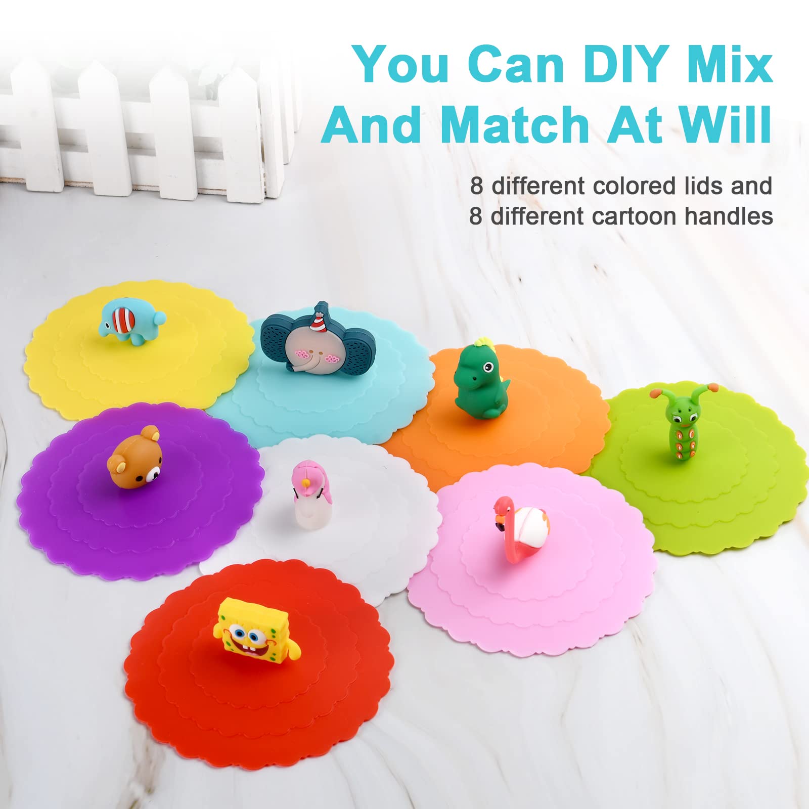 Set 8 Coperchi Per Tazze In Silicone - Riutilizzabili Con Forme Animali/Frutta, Diametro 10cm